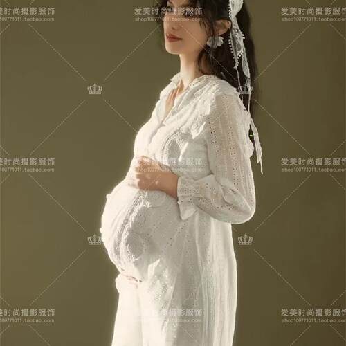 23孕妇新款主题拍照服装法式复古白色连衣裙孕妈咪个人写真摄影服