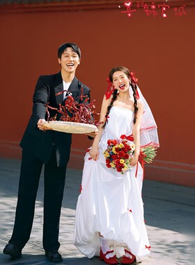 照相馆新款拍照新中式喜嫁红色蝴蝶结轻婚纱晨袍新娘敬酒订婚礼服