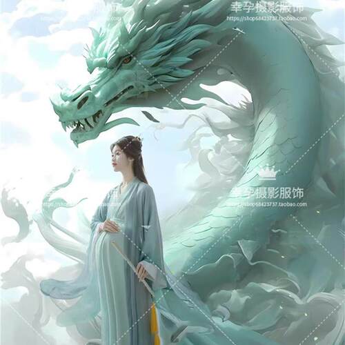 孕妇影楼拍照服装新款孕妈咪仙气国潮Al巨龙绿色汉服艺术摄影服饰