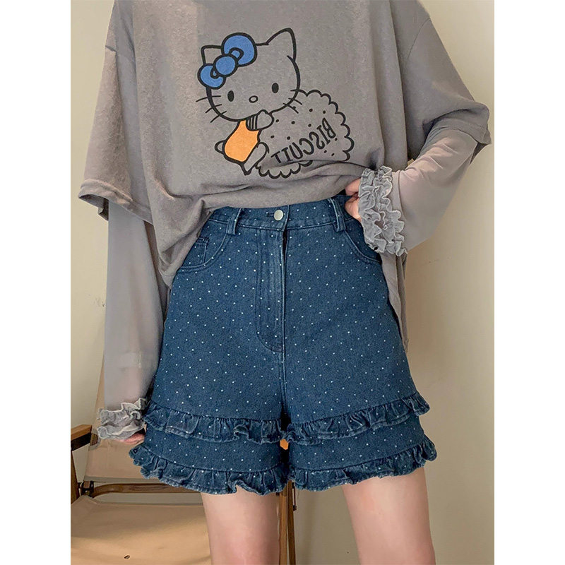 7357#波点木耳双层花边牛仔短裤女夏季胖mm高腰显瘦阔腿热裤