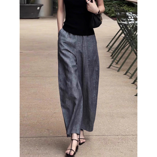 6083#灰色亚麻休闲裤女秋季新款高腰显瘦慵懒宽松九分直筒弯刀裤