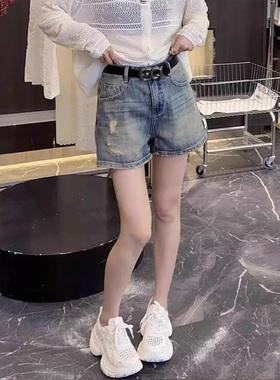 8053#欧货破洞牛仔短裤女大码宽松高腰显瘦靓丽a字阔腿直筒裤