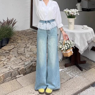 7156#蕾丝裙摆设计阔腿牛仔裤女春季新款显瘦窄版气质直筒裤