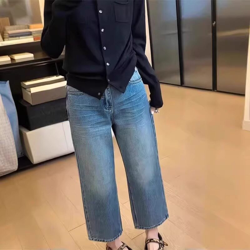 7277#蓝色直筒牛仔裤女夏季新款显瘦小个子通勤九分阔腿裤