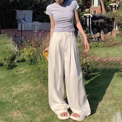 2586#142白色高腰阔腿休闲裤女春季新款大码梨形身材垂感拖地裤子