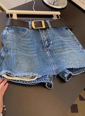 8009#毛边破洞牛仔短裤女2025新款夏季薄款大码百搭显瘦裙裤