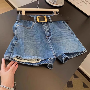 夏季 女2025新款 薄款 大码 8009 百搭显瘦裙裤 毛边破洞牛仔短裤