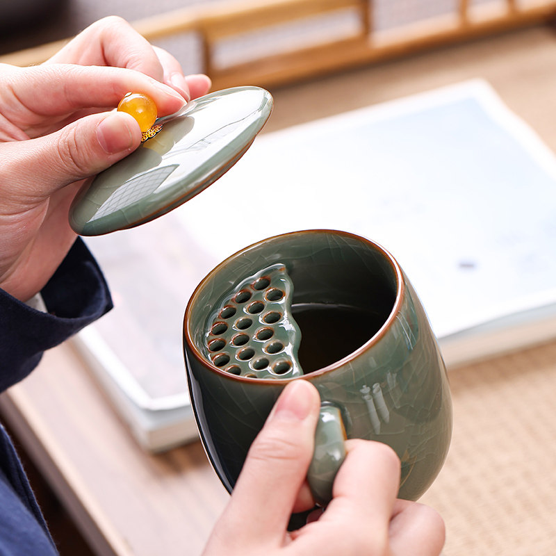 哥窑陶瓷茶水分离办公茶杯套装图片