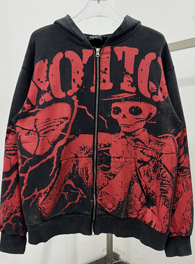 高品质MIXED EMOTION秋冬宽松连帽卫衣骷髅闪电印花连帽衫卫衣男