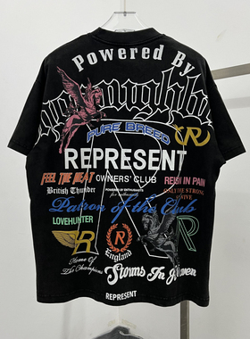 represent美式夏季男女短袖T恤宽松涂鸦字母签名印花t洗水复古短T