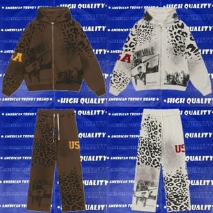 ValeForever复古豹纹USA油画印花连帽卫衣外套男女宽松休闲裤套装