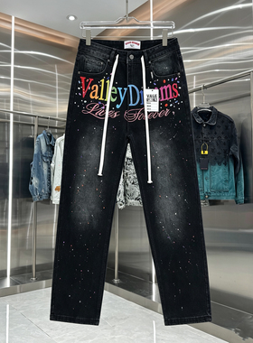 Vale Forever美式复古泼墨刺绣烫钻牛仔裤松紧抽绳腰带休闲长裤男