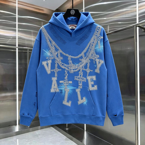 Vale Forever烫钻链条连帽卫衣男做旧破洞美式高街情侣宽松外套潮