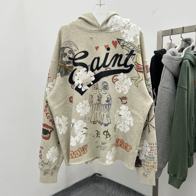 美式潮牌风格SAINT MICHAEL木棉花涂鸦做旧破洞连帽男女卫衣潮
