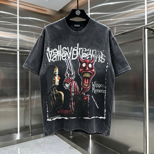 美式Vale Forever恶魔手枪人像印花半袖T高街做旧水洗男女短袖T恤