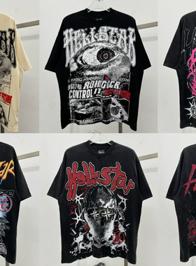 美式超火小众潮牌夏季地狱之星满印涂鸦印花短袖男女宽松半袖T恤