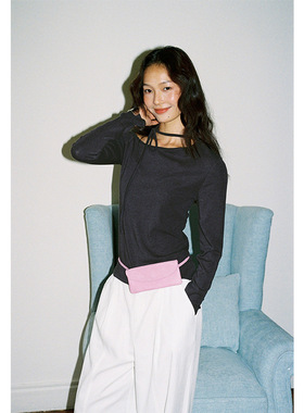 AlloFu十三行甜辣斜肩百搭系带正肩显瘦t恤长袖2025早秋新款23570