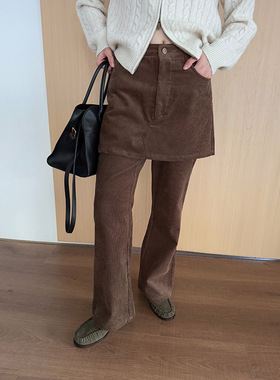 AlloFu十三行复古设计感灯芯绒裙裤女秋冬季假两件微喇直筒裤5556