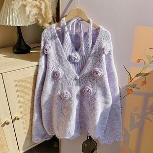 温柔风百搭上衣 毛衣秋冬法式 2024新款 慵懒风V领飘带挂脖宽松长袖