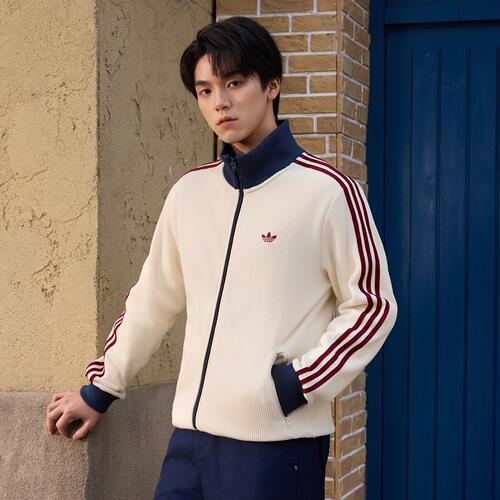 Adidas三叶草男女装秋立领条纹宽松华夫格夹克外套KY5769 KY5770