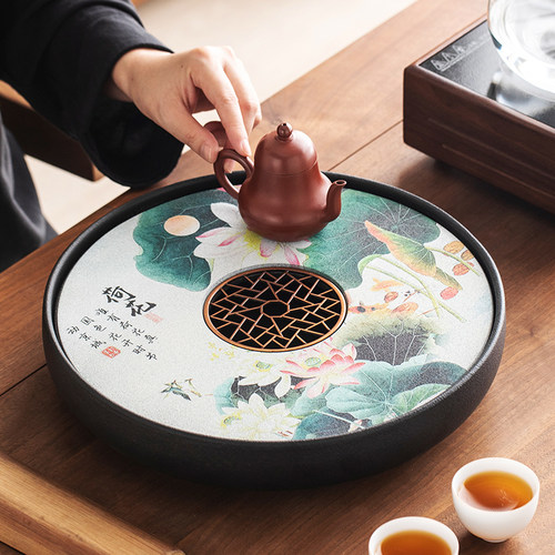 可吸水圆茶盘家用茶盘功夫茶具干泡台新款排水储水式沥水茶托盘子