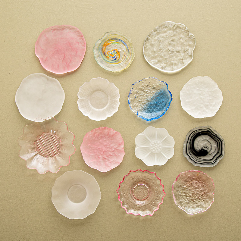 粉色磨砂玻璃杯垫功夫茶杯托茶道隔热垫茶具零配件琉璃茶食小茶碟