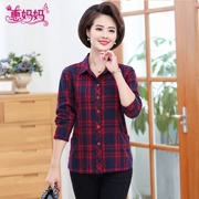 Áo sơ mi mẹ mùa thu mới 40 tuổi 50 phụ nữ trung niên cotton dài tay áo sơ mi kẻ sọc mùa xuân và mùa thu kẻ sọc - Quần áo của mẹ