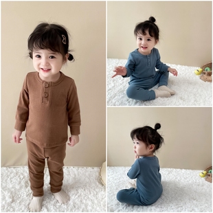 坑条家居服女宝宝童套装 男童春秋长袖 睡衣纯棉打底衫 婴幼儿秋季