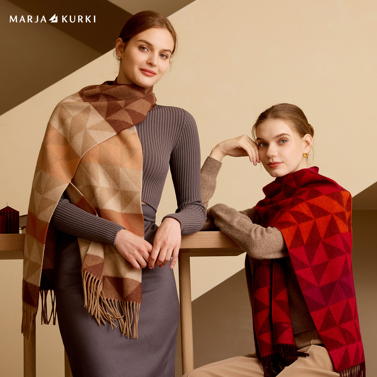 MARJAKURKI玛丽亚古琦红色格子羊毛围巾女冬中国红围巾本命年礼物