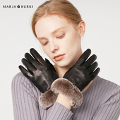 MARJAKURKI玛丽亚古琦黑色羊皮真皮手套女士冬季 触屏兔毛保暖手套
