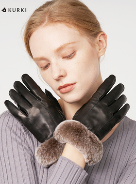 MARJAKURKI玛丽亚古琦黑色羊皮真皮手套女士冬季触屏兔毛保暖手套