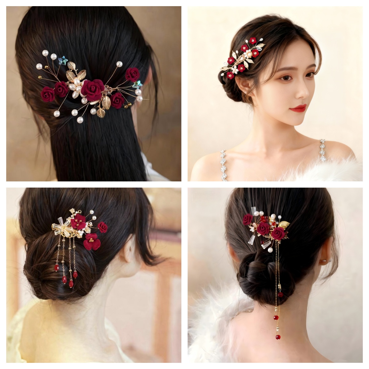 新娘红色花朵头饰中式森系古典旗袍敬酒发饰造型配饰复古高级大气