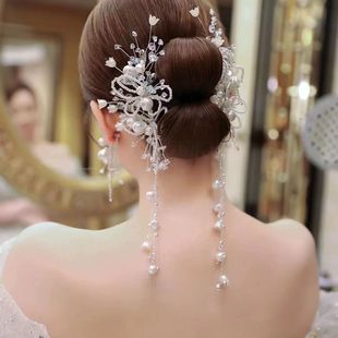 水晶发箍新娘婚纱礼服手工流苏圣女头饰品结婚套装影楼侧边夹配饰