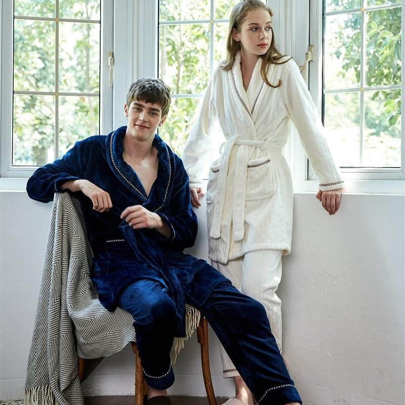 睡衣女秋冬款珊瑚绒浴袍加裤子男士冬季法兰绒加厚加长款情侣浴袍