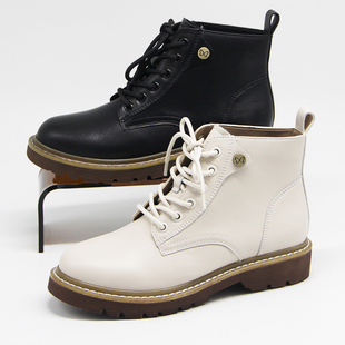 BASTO百思图马丁靴2023冬款商场正品英伦风系带牛皮女短靴子YYK79