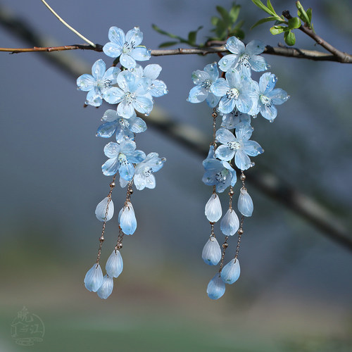 小飞燕 热缩花簪新中式汉服流苏步摇蓝u型发钗盘发旗袍古风发簪