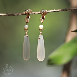 白玛瑙水滴耳环 国风复古耳坠耳钩国风汉服气质旗袍耳夹汉服 中式