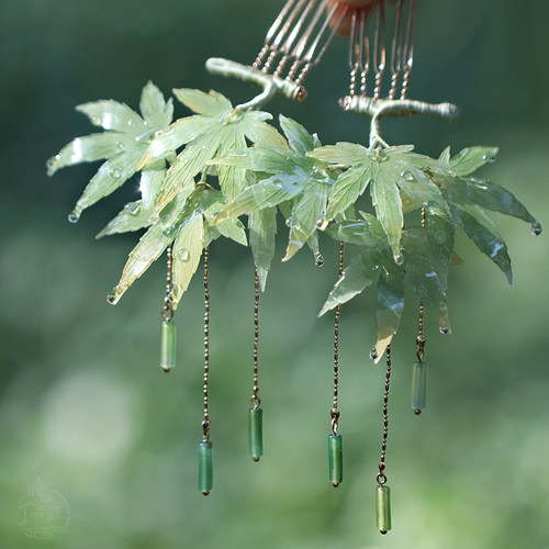绿枫叶小发梳 热缩花簪新中式国风发簪发饰汉服旗袍头簪步摇流苏