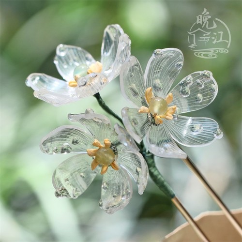 古风荷花热缩u型玉石步摇发簪