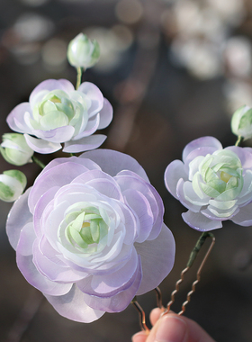 紫色洋牡丹 热缩花簪紫新中式发簪古风盘发u型发钗簪子汉服头饰女