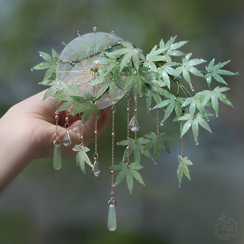 青枫执伞 热缩花簪u型发簪新中式古风簪子发钗盘发汉服流苏步摇绿