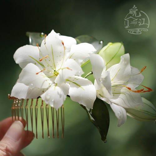 香水百合热缩花簪发梳古风新中式