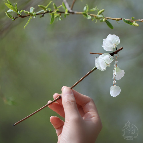 白豌豆竹簪 热缩花簪u型发簪新中式盘发汉服古风发钗流苏水晶步摇