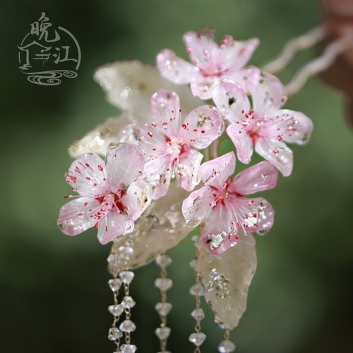 桃花赋热缩花簪步摇流苏发簪国风