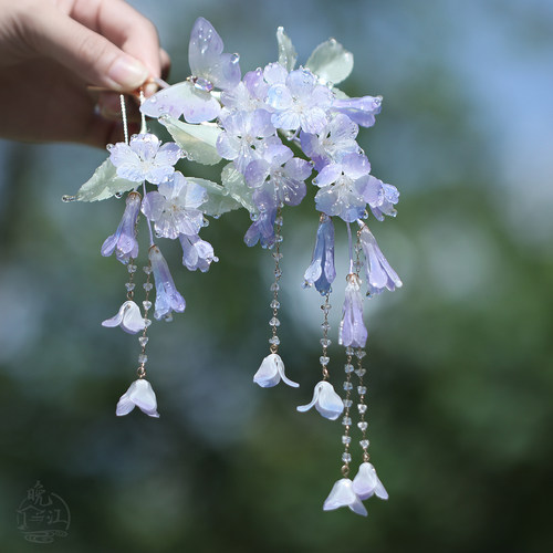 蓝花风铃 热缩花簪流苏步摇发簪u型汉服古风发钗新中式蓝紫簪子女