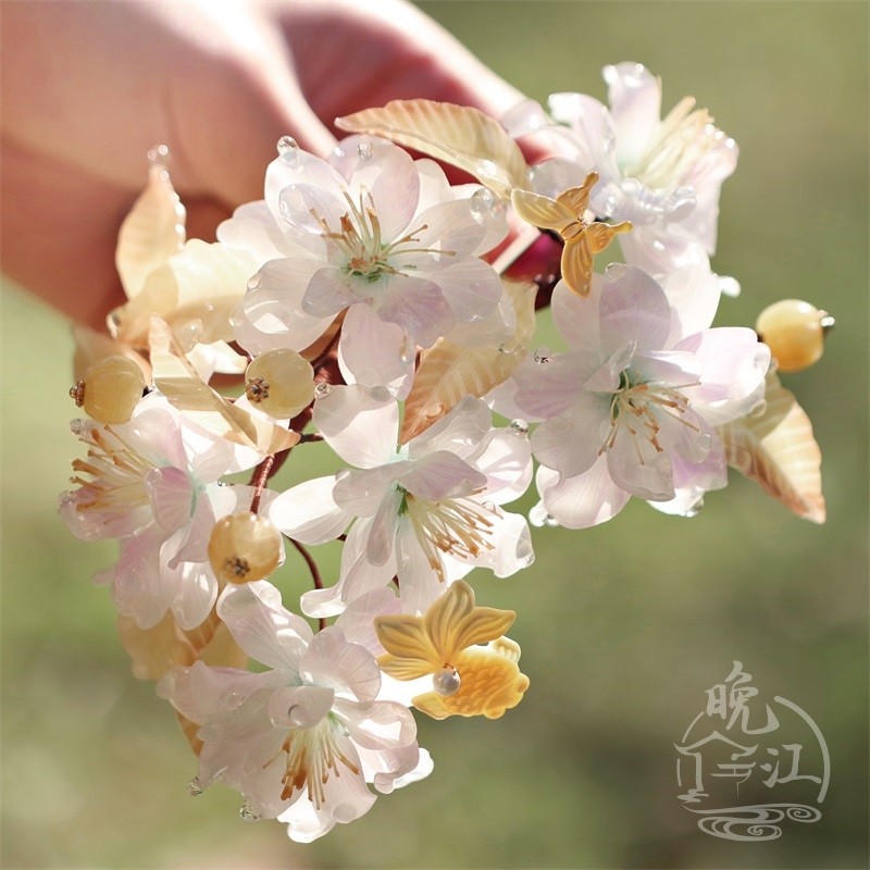 紫色樱花 热缩花簪汉服头饰u型发簪步摇古风发饰发钗簪子盘发日常