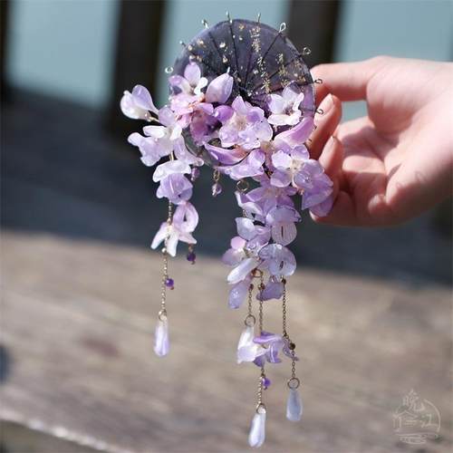 紫藤花伞 热缩花簪新中式汉服发簪u型盘发流苏步摇配饰发饰头饰女