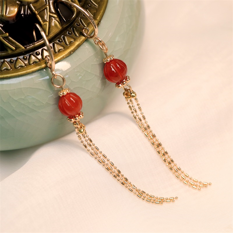 红灯笼 汉服中式国风耳夹仙气耳钩长款流苏森系古代耳环古风宫廷