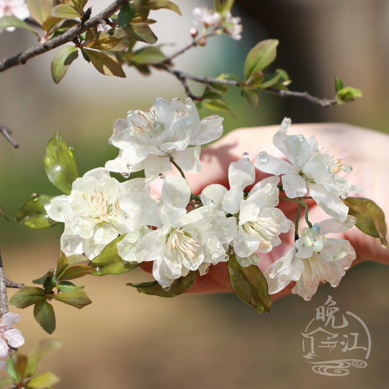 绿色樱花 热缩花簪u型发簪步摇簪子女古风头饰汉服发饰发钗日常