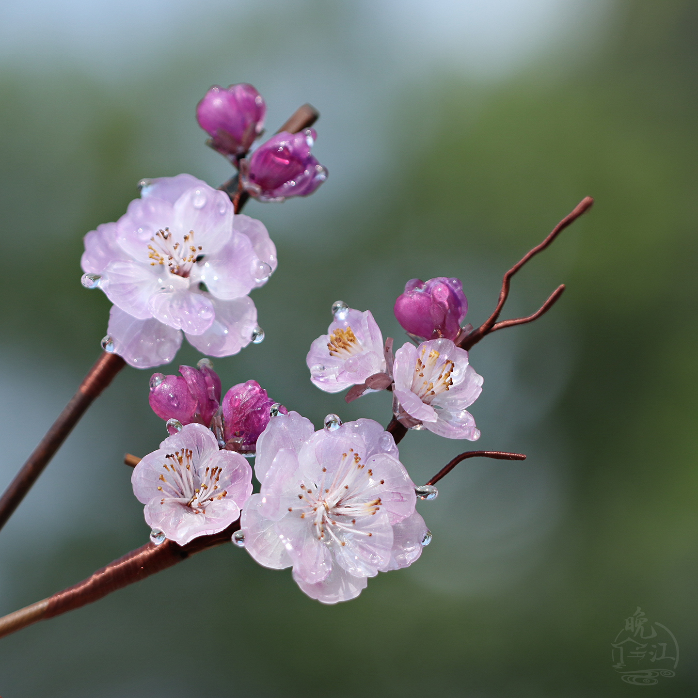 照水朱砂 热缩花簪国风新中式竹子发簪汉服发钗u型盘发粉紫头饰女